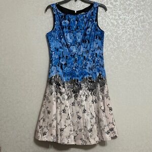 J. Taylor Gradient Blue Black Gray Rose Floral Sleeveless Fit & Flare Dress‎ 10